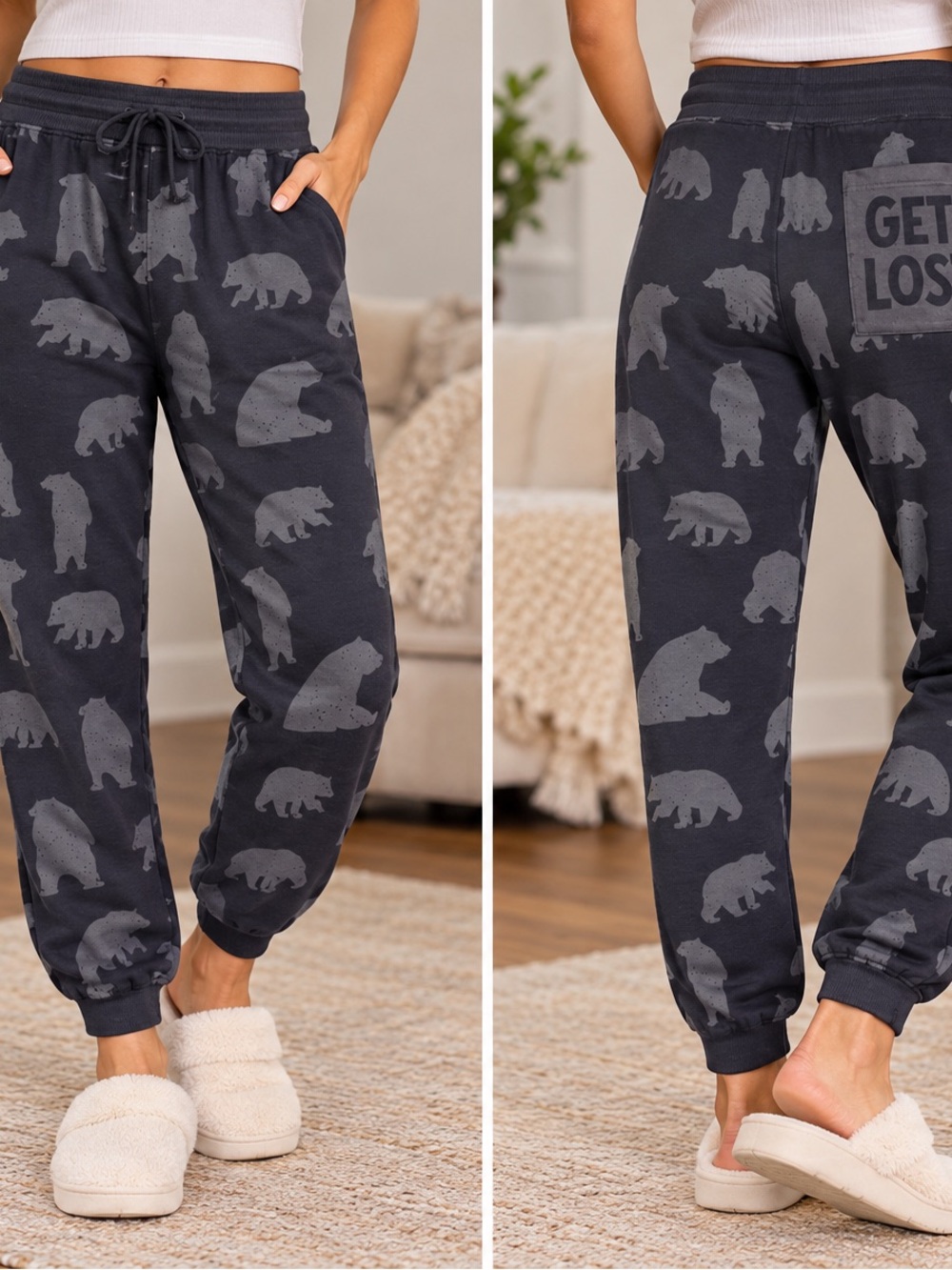 Cozy Bear-Print Jogger Pants - Charcoal Grey Lounge Pants